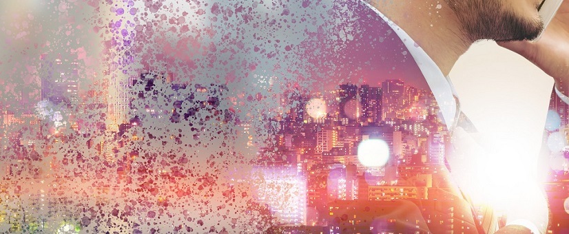 Nacht zu Tag übergang Im abstrakten Bild, bilden, von links nach rechts, einzelne bunte Flecken erst ein undeutliches Bild, was sich zu einer Stadt in Morgendämmerung bildet und schließlich im Anzug eines Mannes in Nahaufnahme endet...