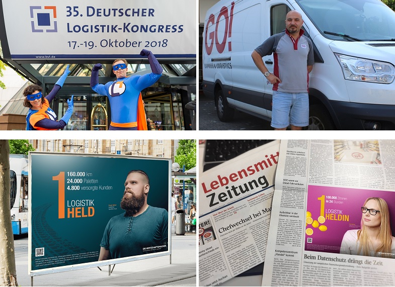 Vier Bilder. Links oben eine Frau und ein Mann in Heldkostümen posieren vor dem 35. deutschen Logistik-Kongress. Rechts oben ein GO! Kurier in Pose vor einem GO! Transporter. Links unten ein Werbeplakat darauf ein Mann mit angehobenem Blick und daneben die Schrift Logistik Held, auf dem Bürgersteig. Rechts unten Werbung in einer Zeitung mit der Schrift Logistik Heldin und rechts daneben eine Frau, die auf die Schrift schaut