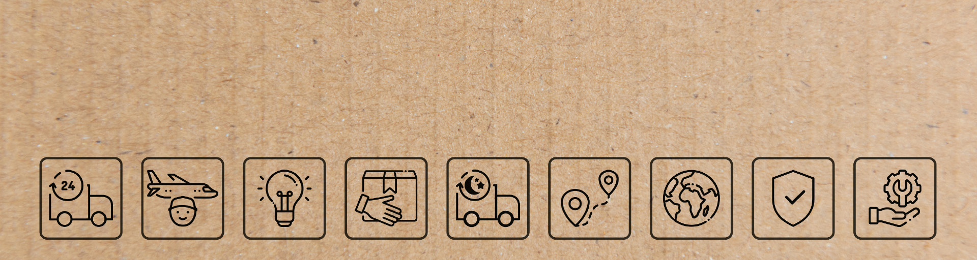 Nahaufnahme Karton. Kleine Kacheln mit Symbolen für besonderen Service abgebildet, wie zum Beispiel Kurier und Flugzeug für air courier.